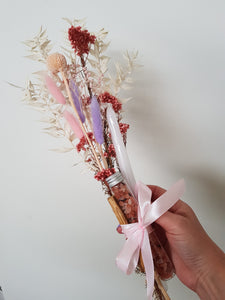 Each Bundle includes a Bath Ritual card, Palo Santo Smudge, Intention Candle, Test tube bath soak and a bouquet of preserved botanicals to help set the tone and add to the immersive experience of a sacred bath ritual. 